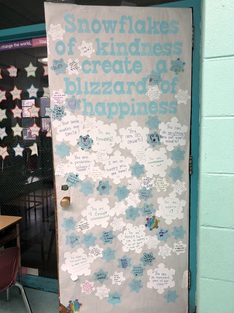 Winter Kindness Door Decorations, Winter Kindness Bulletin Board Ideas, January Class Door Ideas, Snowflake Classroom Decorations, Snowflake Door Decorations For School, Snow Flake Bulletin Board Ideas, Winter Kindness Bulletin Board, Snowflake Classroom Door, Snowflake Door Decorations Classroom