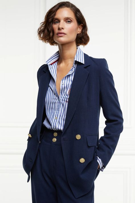 Holland Cooper | Double Breasted Navy Linen Blazer | Spring and Summer Blazers Blue And White Striped Shirt Outfit, Linen Blazer Outfit, White Striped Shirt Outfit, Blue Shirt Women, Outfits With Striped Shirts, Blue And White Striped Shirt, Summer Blazer, Zara Blazer, White Stripes Shirt