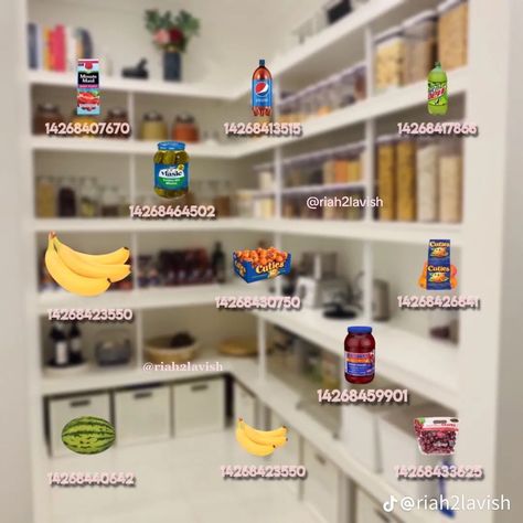 Bloxburg Grocery Decal Codes, Pantry Organization Bloxburg, Bloxburg Food Build Hacks, Bloxburg Market Ideas, Super Market Decals Bloxburg, Bloxburg Seasoning Decals, Stores In Bloxburg, Bloxburg Market Decal Codes, Pantry Codes Bloxburg