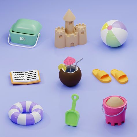 3D beach assets Blender Assets, 3d Art Projects, 2023 Beach, Ar Game, Art Toys Design, Beach Play, 3d Blender, Game Illustration, Instagram Beach