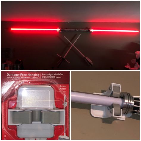 Command Strip broom holders make for an excellent way to display your lightsabers on a wall! Lightsaber Holder Wall, Lightsaber Display Wall, Lightsaber Display Ideas, Disney Lightsaber, Lightsaber Display, Small Game Rooms, Broom Holder, Star Wars Light Saber, Wall Mounts