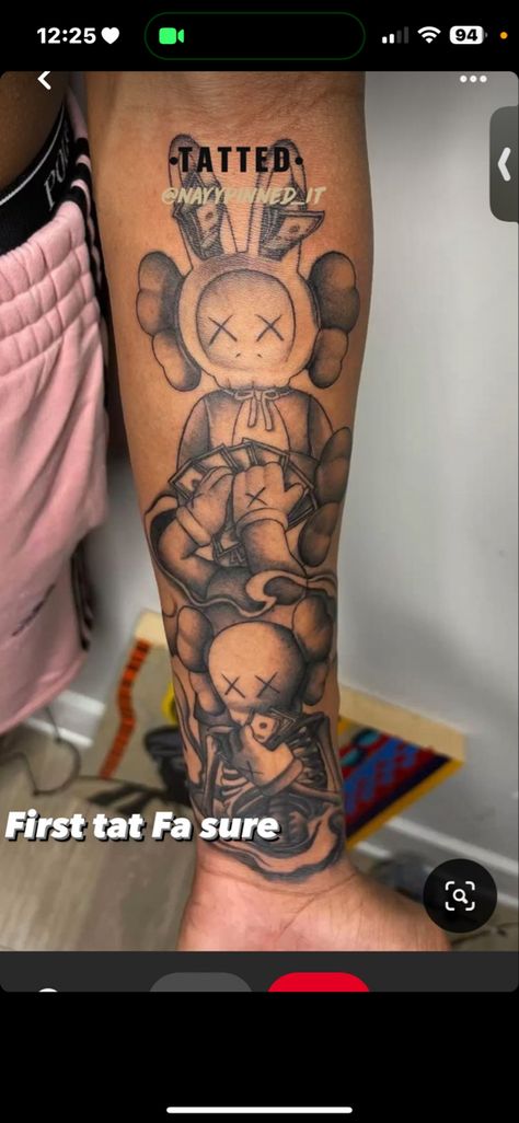 Skeleton Tattoos For Women Arm, Selve Tattoos For Women, Klaws Hypebeast Tattoo, Heat No Evil See No Evil Speak No Evil Tattoo, Cool Arm Tattoos For Women Half Sleeves, Quarter Leg Sleeve Tattoos For Women, Cartoon Tattoos For Men Black, Kaws Forearm Tattoo, Kaws Tattoo Ideas Leg