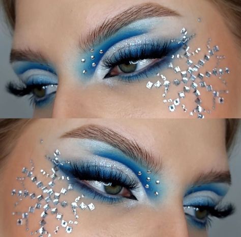 Ice Costume Makeup, Winter Fairy Makeup, Winter Makeup Looks Ice Queen, Winter Wonderland Makeup, Rhinestone Eye Makeup, Angel Halloween Makeup, Snowflake Makeup, Snow Makeup, Ice Makeup