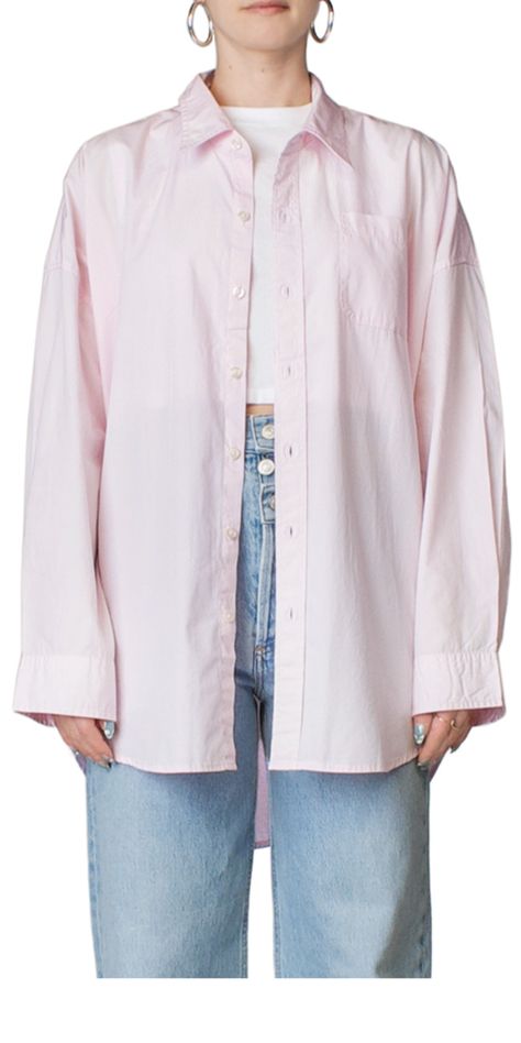 This crisp cotton button down from Denimist has a relaxed, oversized fit and a slightly faded, light pink wash to give it a lived in, vintage look. Details: - Color: Light Pink - 100% cotton - Relaxed, oversized fit - Button front closure - Button cuffs - Patch pocket at chest - Fits true to size, intended for an oversized fit - Model is 5' 5 and is wearing a size XS Pink Shirt Outfit, Color Light Pink, Facebook Style, Oversized Flannel, Button Front Shirt, Pink Shirt, Flannel Shirt, Vintage Look, Shirt Outfit