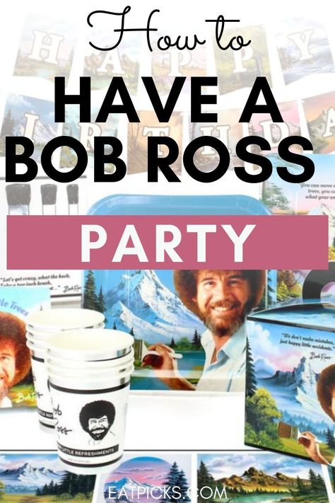 Use these top 5 Bob Ross party supplies to make your next Bob Ross themed birthday party a hit with all ages! We’ve highlighted our 5 favorites including paint brushes, cake toppers, and more for a fun theme or Halloween costume too! Bob Ross Themed Birthday Party, Bob Ross Party Decorations, Bob Ross Themed Party, Bob Ross And Painting Costume, Bob Ross Birthday Cake, Bob Ross Party Food, Bob Ross Birthday Party Ideas, Bob Ross Painting Party, Bob Ross Party Ideas