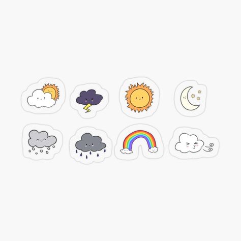 Get my art printed on awesome products. Support me at Redbubble #RBandME: https://www.redbubble.com/i/sticker/Weather-Friends-by-Ostrijj/57900395.O9UDB?asc=u Basic Stickers, Cute Aesthetic Stickers Printable Pastel, Types Of Weather, Weather Stickers Printable, Weather Stickers, Aesthetic Clouds Stickers Printable, Cloud Sticker Printable, Weather Stickers Free Printable Planner, Kawaii Weather