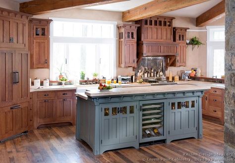 Craftsman Kitchen with Beautiful Woodwork and a Blue Center Island Shaker Island, Mission Style Kitchen Cabinets, Craftsman Kitchen Cabinets, Mission Style Kitchens, Craftsman Cabinets, Craftsman Style Kitchens, Craftsman Kitchens, Craftsman Interiors, Craftsman Style Kitchen