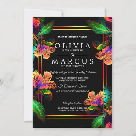 $2.09 | Wedding | Stunning Neon Tropical Hibiscus | Wedding Invitations | night tropical beach wedding, poolside wedding, modern neon wedding, glow-in-the-dark wedding, bright neon colors, black light, glow in the dark, bold fuchsia turquoise magenta purple, generativecontent, neon tropical hibiscus flowers Dark Wedding Invitations, Poolside Wedding, Hibiscus Wedding, Bright Wedding Colors, Paradise Wedding, Addressing Wedding Invitations, Tropical Beach Wedding, Tropical Hibiscus, Wedding Anniversary Invitations