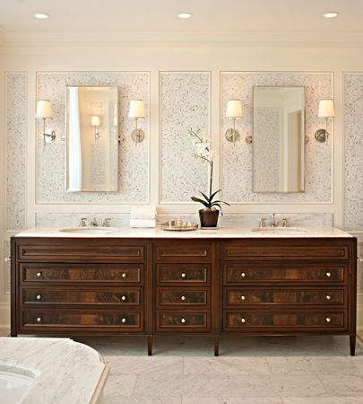 bathroom Mahogany Cabinets, Vanity Makeover, Silver Bathroom, Double Sinks, Bad Inspiration, Marble Tile Floor, Master Bath Remodel, Double Vanity Bathroom, Home Addition