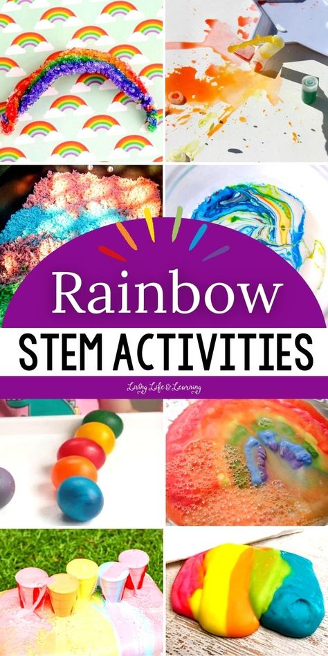 Rainbows are beautiful and mysterious, and they can be a great way to get kids excited about science. These rainbow STEM activities will have kids learning in no time. Add these activities to your list of homeschool spring science lessons or fun rainbow activities for kids. Colorful Stem Activities, Traveling Rainbow Experiment, Rainbow Steam Activities, Rainbow Science Preschool, Rainbow Experiments For Kids, March Stem Activities For Kids, Rainbow Stem Activities, Rainbow Activities Preschool, Rainbow Activities For Kids