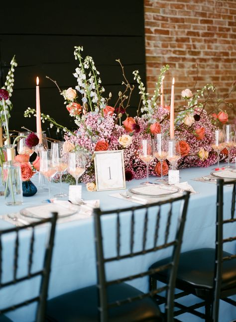 The Rialto, Sara Elizabeth Weddings, blue tablecloth and coral wedding reception centerpiece by Lavish Floral Design, St. Louis fine art film wedding photographer Erica Robnett Photography #stlouisweddingphotographer #stlweddingphotographer #fineartweddingphotography #stlouisfilmphotographer Blue Tablecloth Wedding, Wedding Reception Centerpiece, Yummi Candles, Tablecloth Wedding, Fancy Sprinkles, La Tavola Linen, Missouri Wedding, Wine Candles, Blue Tablecloth