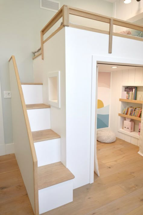 Loft Bed Stairs Diy Plans, Girls Loft Bed With Stairs, Dollhouse Loft Bed, Build In Loft Bed, Built In Loft Bed Small Room, Minimal Loft Bed, Kids Loft Bed With Stairs, Playhouse Loft Beds For Kids, Building Loft Bed