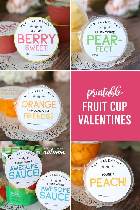 Cute printable fruit cup Valentines are a healthy Valentine option for kids. Awesome Sauce Valentine, Candy Free Valentines, Craft Room Organization Diy, Youre A Peach, Healthy Valentines, Fruit Cup, I Still Remember, Fruit Cups, Friends Valentines