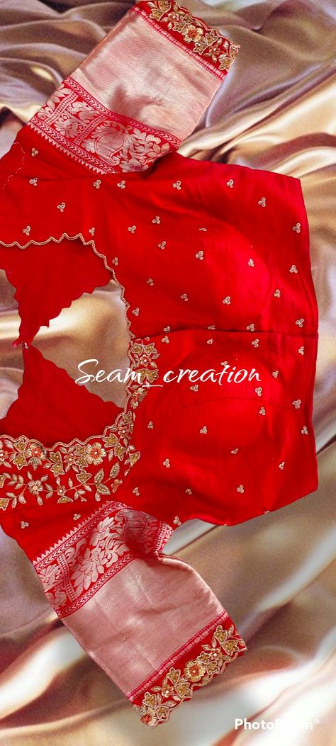 Maggam Work Blouse Designs Latest For Pattu Sarees Half Hands, Onion Colour Blouse Design, Butta Pusala Maggam Work, House Warming Blouse Designs, New Muggum Work Blouse Design, Red Blouse With Golden Work, Orange Colour Maggam Work Blouses, Wedding Embroidery Blouse Designs, Mutyam Work Blouse Designs