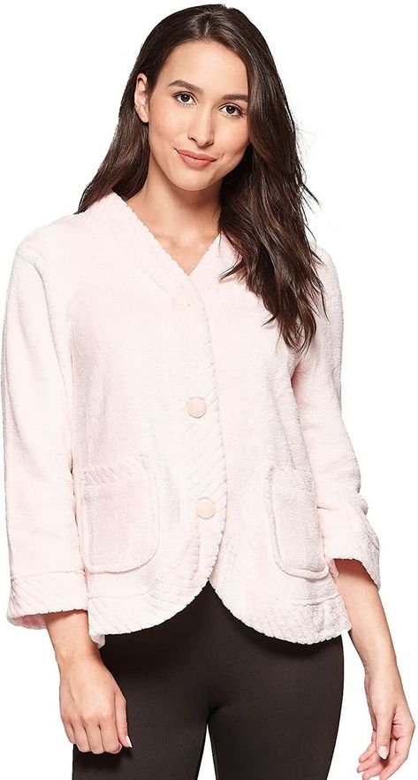 This 24" Bed jacket comes with velcro closings and soft and plush material. 100% Polyester Imported Button closure Machine Wash CONVENIENT - V-neck with three convenient velcro closing and ample pockets STYLISH - Chevron trim v-neck decorative buttons COMFORT - Soft and plush skin-freindly material provides you with the ultimate in comfort. Bed Jacket, Woman Bedding, Baby Pink Colour, Light Aqua, Lingerie Dress, Decorative Buttons, Nightgowns, Amazon Women, Try On