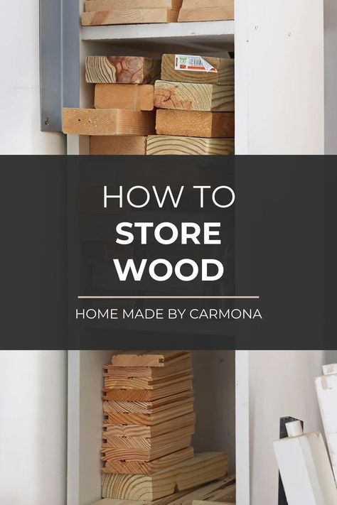 Learn the best ways to store scrap wood and lumber so it doesn't take over your workshop (and it's easy to locate)! | Home Made by Carmona Wood Scraps Storage, How To Organize Scrap Wood In Garage, Scrap Wood Storage Ideas, Scrap Wood Storage Rack, Large Lumber Storage Rack, Wood Storage Ideas, Diy Scrap Wood Storage Cart, Scrap Wood Storage, Lumber Storage