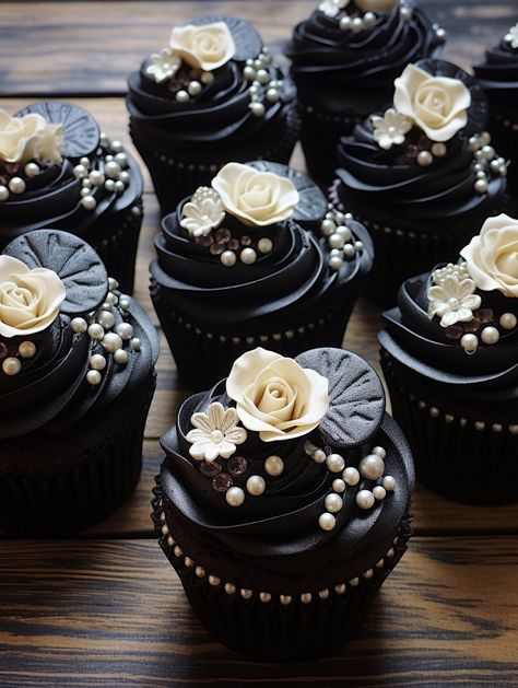 Gothic Cupcakes, Bridal Cupcakes, Black And White Cupcakes, Graduation Party Desserts, Black Cupcakes, 50th Birthday Celebration, Quinceañera Ideas, Healthy Food Menu, Custom Birthday Cakes