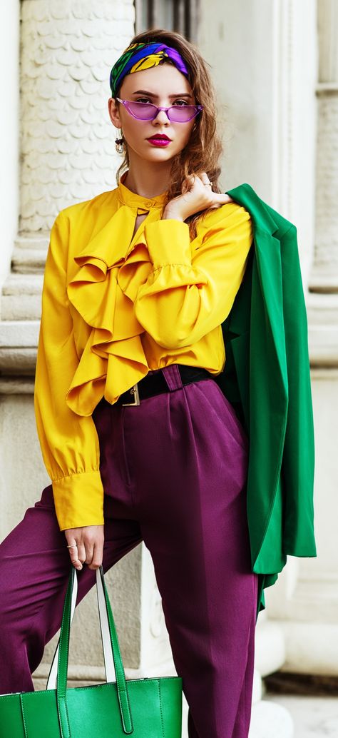 Tetradic Color Combination Shocking Pink Combination, Tetradic Color Scheme Fashion, Principal Of Design Contrast, Yellow Contrast Color Combinations, Split Complementary Outfit, Tetradic Color Scheme, Complementary Colors Fashion, Green And Purple Outfit, Bold Colors Fashion