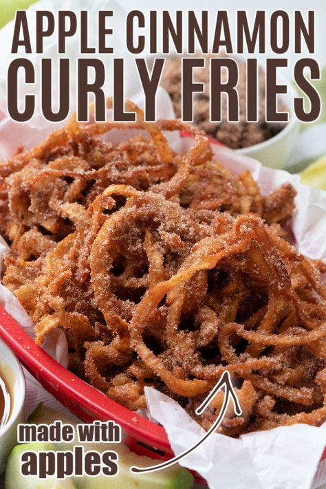 Apple Cinnamon Curly Fries are a fun new fall recipe everyone will go crazy for! Dip them in caramel for an easy but indulgent treat! Spiralized Apple Recipes, New Fall Recipes, Apple Pie Fries Recipe, Apple Bark Recipe, Cinnamon Fried Apples, Air Fryer Apple Fries, Caramel Apple Bark, Apple Bark, Baking Apples