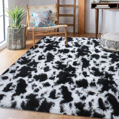 PRICES MAY VARY. 【MATERIAL】100% Polyester. 5x7 feet fluffy cow print white rug with black spots area rugs for living room. Attractive and charming animal print area rug for kids room. 【INTERLAYER】YUFANUHO shaggy fluffy milk cow rugs are made with three layers, in the middle it's a high resiliency sponge interlayer, can be restored after compression, which makes your rug more comfortable and soft. 【GREAT COLOR】With 5 by 7 tie dyed black and white rug, you can feel free lying on the rug reading or Cow Carpet, Cow Rugs, Cow Print Rug, Cow Rug, Fluffy Cow, Rug For Kids Room, Carpets For Kids, 4x6 Area Rugs, Black Cow