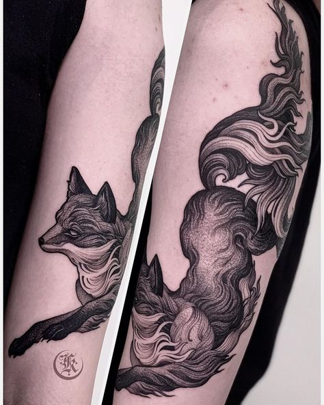 Kristina Darmaeva on Instagram: “One fox, three tails🦊🦊🦊 #kwadron #kwadronneedles #kwadronproteam #tattoomarket @kwadron @tattoomarket #tattoo #tatt #tattooinrussia…” Cloud Tattoo, Fox Tattoo, Creature Artwork, Tattoo Portfolio, Tattoo Project, 문신 디자인, Dog Tattoo, Animals Artwork, Skin Art