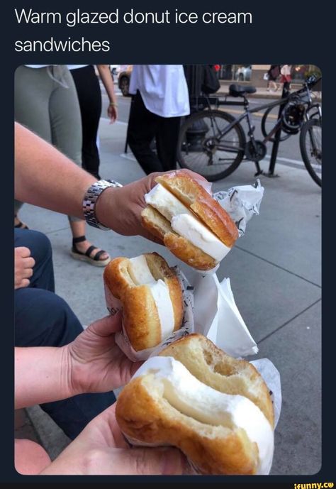 Warm glazed donut ice cream sandwiches – popular memes on the site iFunny.co #weather #animalsnature #warm #glazed #donut #ice #cream #sandwiches #pic Donut Ice Cream, Glazed Donut, Junk Food Snacks, Ice Cream Sandwiches, Fair Food Recipes, Think Food, Food Goals, Deilig Mat, Bagels