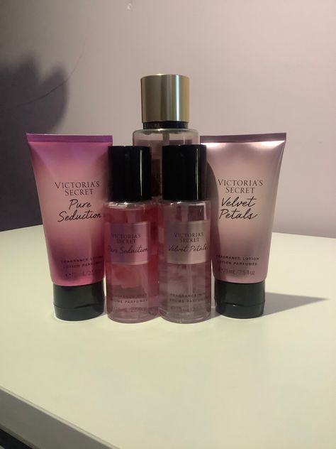 Victoria secrets velvet petals and pure seduction 💕 Pure Seduction Combo, Lyla Core, Princess Era, Victoria Secret Perfume Body Spray, Girl Perfume, Victoria Secret Body Spray, Pure Seduction, Perfume Body Spray, Simple Skincare Routine