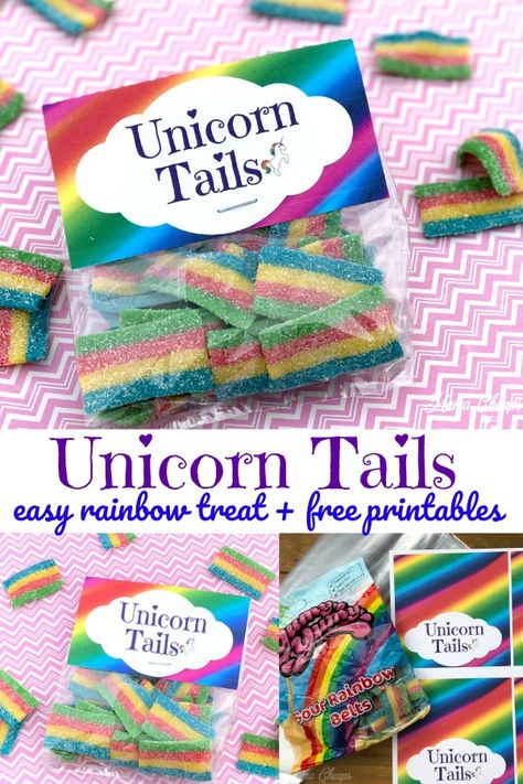 Unicorn Tails Easy Rainbow Treat + Printable Bag Toppers #diy #unicorn #rainbow #mamacheaps https://www.mamacheaps.com/unicorn-tails-easy-rainbow-treat-printable/ Unicorn Treat Bags, Unicorn Party Favors Treat Bags, Unicorn Treat Table, Unicorn Snacks For Party, Unicorn Birthday Party Games, Unicorn Birthday Party Favors, Diy Unicorn Birthday Party, Care Bears Birthday Party, Unicorn Party Food