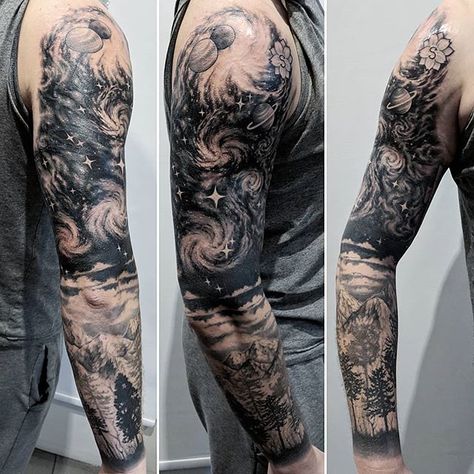 Space Arm Tattoo, Forest Forearm Tattoo, Star Wars Tattoo Sleeve, Galaxy Tattoo Sleeve, Space Tattoo Sleeve, Inner Bicep Tattoo, Nature Tattoo Sleeve, Universe Tattoo, Inner Arm Tattoo