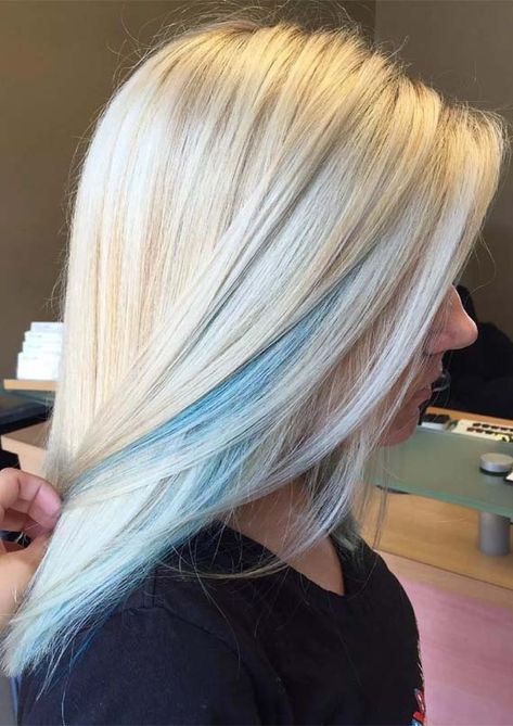 Dye Blonde Hair, Blonde Hair With Blue Highlights, Gorgeous Blonde Hair, Blonde And Blue Hair, Blue Hair Highlights, Hidden Hair Color, Blonde Hair Colors, Pink Blonde Hair, Blue Ombre Hair