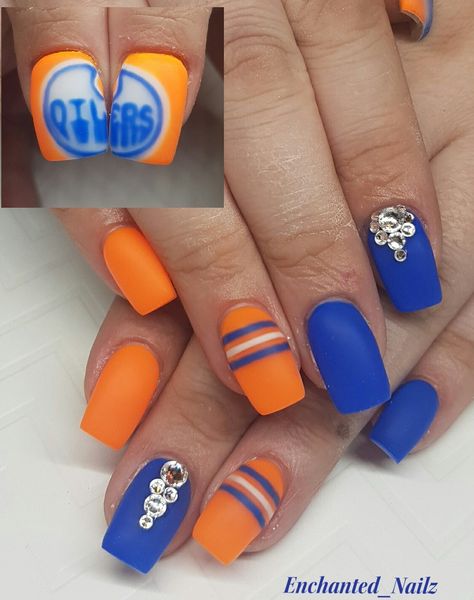 Blue Orange And White Nails, Oilers Nails, Hockey Nails Designs, Hockey Nails, Baseball Nails, Nye Nails, Orange Nail Designs, Oilers Hockey, Nails Design With Rhinestones