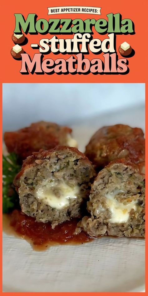 Cheesy meatballs stuffed with mozzarella on marinara sauce, a crockpot classic among best appetizer recipes. Stuffed Meatballs, Best Appetizer, Mozzarella Stuffed Meatballs, Best Appetizer Recipes, Finger Foods Easy, Food Stands, Potluck Recipes, Hors D'oeuvres, Best Appetizers