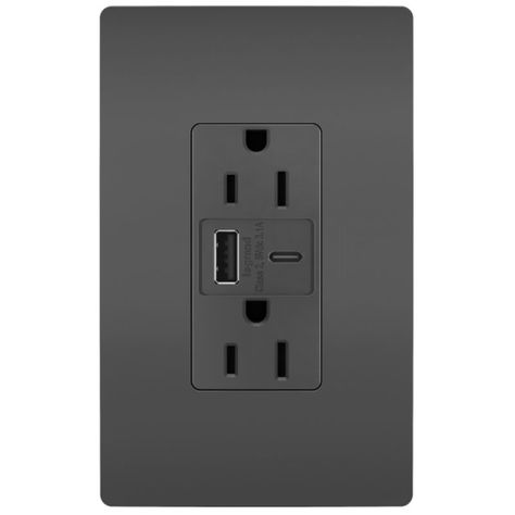 The USB Port (Type A/C) and 15 Amp Tamper Resistant Outlet accommodates mobile devices with two Type A/C built-in USB connections and a tamper-resistant outlet with shutter system that prevents improper insertion of foreign objects. Available in White, Black, Ivory, Light Almond, Nickel, Dark Bronze and Graphite. UL listed. <b><b>NOTE: RADIANT SCREWLESS WALL PLATE SOLD SEPARATELY. Outlet With Usb Port, Usb Wall Outlet, Screwless Outlet Covers, Screwless Wall Plate, Electric Plugs Ideas, Modern Outlets, Kitchen Island Outlet Ideas, Electrical Outlets Ideas, Black Outlets