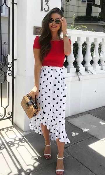 97d0145823aeb8ed80617be62e08bdccdesc36735358ri Black And White Polka Dot Skirt, Garment Inspiration, Daily Dress Me, Red Short Sleeve Blouse, White Polka Dot Skirt, Rock Outfit, Polka Dot Skirt, Dot Skirt, Skirt Outfit