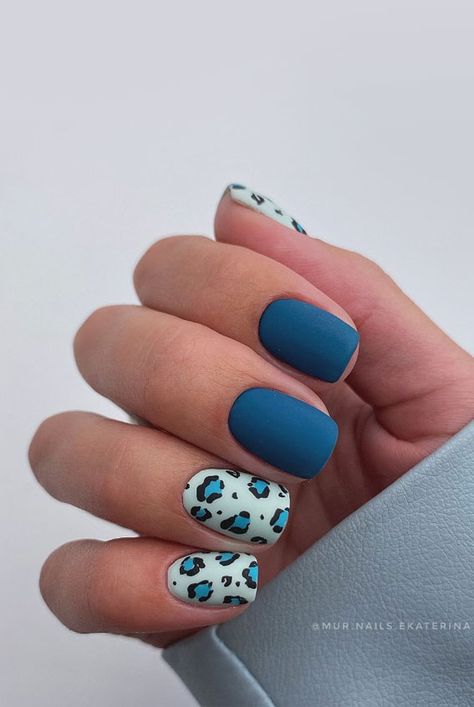 10. Blue Leopard Short Nails There’s no age limit when it comes to great nails. The amazing thing about nails is that you can... Blue Animal Print Nails, Nail Polish Combinations, Wedding Color Palettes, Ring Finger Nails, Animal Print Nails Art, Themes Wedding, Finger Nail Art, Leopard Print Nails, Cute Nail Art Designs