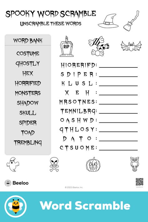 Medium halloween-themed word scramble for kids ages 5 and up Word Scramble For Kids, Spooky Words, Crafts And Activities For Kids, Cvc Word, Word Scramble, Word Bank, Cvc Words, Printable Crafts, Halloween Activities