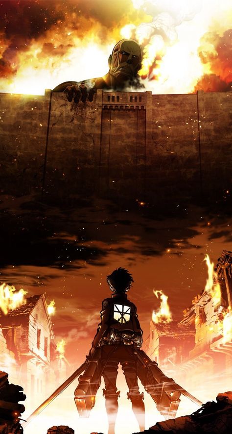 Attack on titan: colossal titan overlooking the wall. Eren now a soldier looking at the colossal titan with Fiery background... Dbz Memes, Corpse Party, Poster Anime, Titans Anime, Ciel Phantomhive, Anime Cartoon, Eren Jaeger, Levi Ackerman, I Love Anime