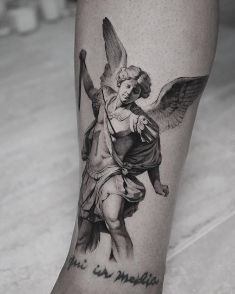 Angel Tattoo Black And Grey, Black And White Angel Tattoo, Christian Angel Tattoo, Angel Tattoo Leg, Gaurdian Angel Tattoo, Angel Leg Tattoo, Angel Tattoo Designs For Men, Angel Statue Tattoo, Archangel Tattoo