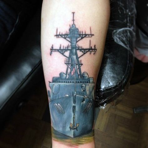 Unique Navy Ship Mens Leg Tattoo Ideas Navy Ship Tattoo, Navy Tattoos For Men, Battleship Tattoo, Us Navy Tattoos, Naval Tattoos, Marine Tattoos, Anker Tattoo Design, Aviation Tattoo, Sailing Tattoo