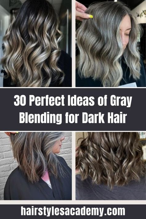 Embrace the elegance of gray with these 30 perfect gray blending ideas for dark hair! Whether you're aiming for a subtle transition or a striking contrast, these styles will add sophistication and depth to your look. Get inspired and find your perfect blend today! ✨ #GrayBlending #DarkHair #HairGoals #SophisticatedStyle #HairInspiration #BeautyTrends #HairTransformation #GrayHair #HairColorIdeas #StylishHair Brunette Growing Out Gray Hair, Hair Color For Women Over 50 Highlights Dark Brown, Greying Brunette Hair, Grey Blending For Brunettes, How To Go Gray Gracefully Dark Hair, Hair Colors For Graying Hair, Highlights For Greying Hair Brunettes, Gray Blending Dark Hair, Gray Coverage For Dark Hair