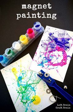 Magnet painting is science and art wrapped up in a colorful package. And it's a simple set-up project too. STEAM (Sci/Tech/Eng/Art/Math) at it's easiest. Magnet Painting, Science Art Projects, Brain Craft, Steam Art, Magnet Crafts, Preschool Science, Kindergarten Art, Preschool Art, Science Art