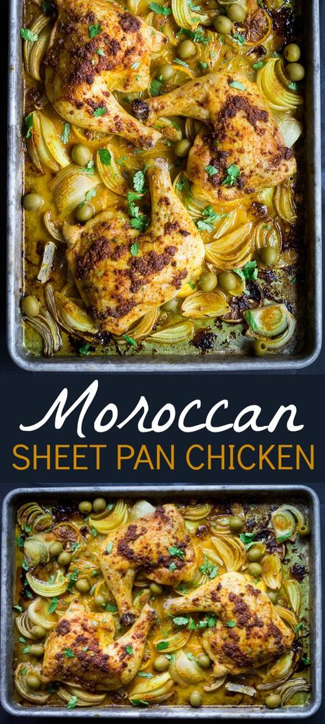 Enjoy the flavors of Morocco with richly spiced chicken, savory onions, and tangy olives. Using just one small bowl and a baking sheet, this Moroccan Sheet Pan Chicken is just as easy to clean up as it is to prepare! Bangbang Shrimp, Sheet Pan Chicken Recipe, Sheet Pan Meals Chicken, Pan Chicken Recipes, Moroccan Recipes, Spiced Chicken, Sheet Pan Suppers, Sheet Pan Chicken, Poultry Dishes