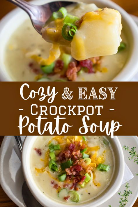 Crockpot potato soup is a cozy and simple winter dinner! Simple ingredients and step by step instructions for a delicious soup that everyone loves. #potatosouprecipe Easy Crock Pot Potato Soup, Soup Crock Pot Easy, Crockpot Loaded Potato Soup, Crock Pot Potato Soup, Potato Soup Crockpot Recipes, Potato Soup Crock Pot Easy, Crock Pot Potato, Crockpot Potato Soup, Crockpot Potato