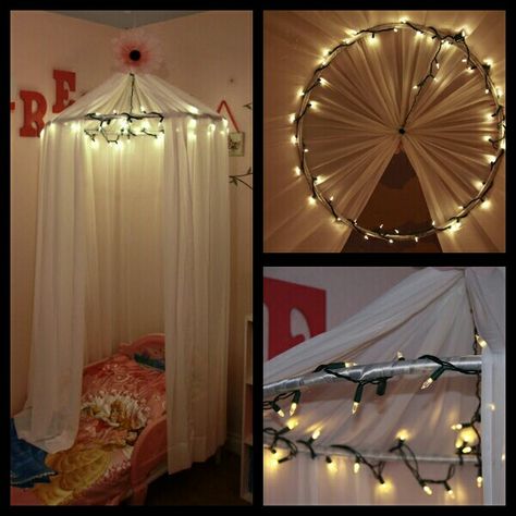 DIY bed canopy from a hula hoop Hula Hoop Bed Canopy Diy, Cool Girls Bedroom Ideas, Hula Hoop Canopy, Hoop Canopy, Diy Bed Tent, Valentine Craft Kids Easy, Diy Bed Canopy, Cool Girl Bedrooms, School Bedroom