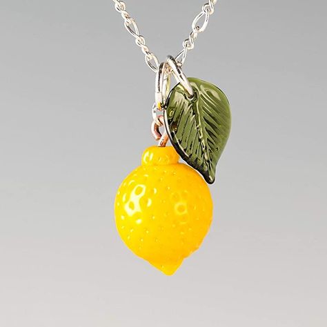 Amazon.com: Glass Lemon Necklace with Green Leaf on Adjustable Sterling Silver Figure 8 Chain: Handmade Lemon Necklace, Fruit Necklace, Hand Blown Glass Art, Fruit Jewelry, Blown Glass Art, Paper Gift Box, Figure 8, Nature Inspired Jewelry, Leaf Charms