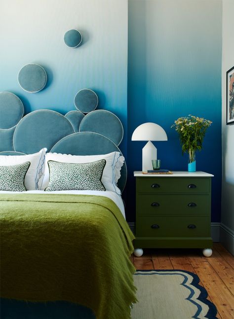 Appach House, South London | Pandora Taylor Simple Headboard, Oval Room Blue, Headboard Cover, Headboard Designs, Headboard Storage, Blue Bedroom, Blue Walls, Grey Walls, Upholstered Headboard