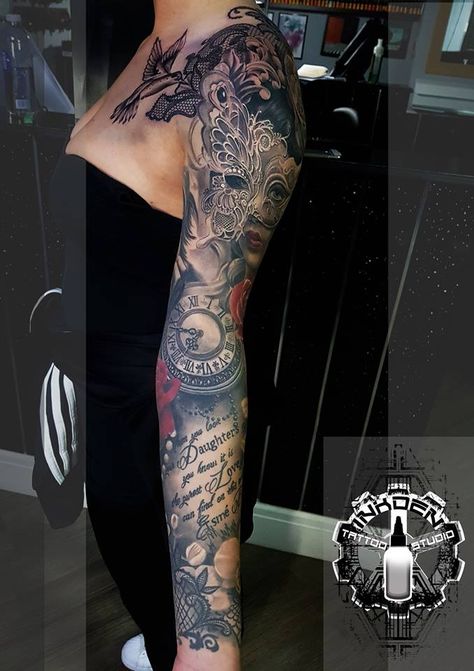 A stunning realism sleeve with a nice combination of black and grey and colour. For more info call us on 07957021702 or for booking go to http://www.inkdentattoo.co.uk/index.php/requests/ Realism Sleeve, Easy Half Sleeve Tattoos, Lace Sleeve Tattoos, Black And Grey Tattoos Sleeve, Arm Sleeve Tattoos For Women, Feminine Tattoo Sleeves, Full Sleeve Tattoo Design, Mommy Tattoos, Full Arm Tattoos