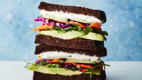 Lemony carrot and cabbage add a bright, crisp bite to the garlicky Boursin and creamy avocado in this vegetarian meal. Pumpernickel Bread Sandwich Ideas, Sandwich Photography, Pumpernickel Bread, Spring Recipes Dinner, Romantic Breakfast, Picnic Sandwiches, Pea Shoots, Easy Weekday Meals, Cucumber Slices