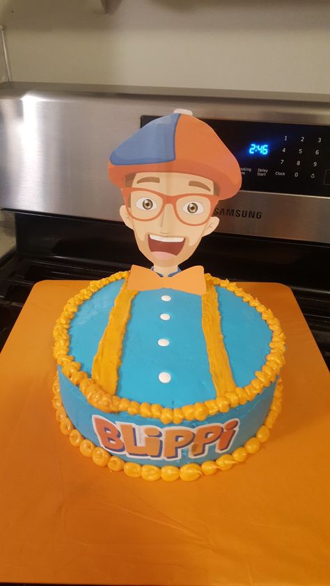 Homemade Blippi cake Homemade Blippi Cake, Blippi Cricut Projects, Easy Blippi Birthday Cake, Diy Blippi Cake, Blipping Birthday Cake, Meeka Birthday Party, Blippi Birthday Cake, Blippi Birthday Party, Blippi Party