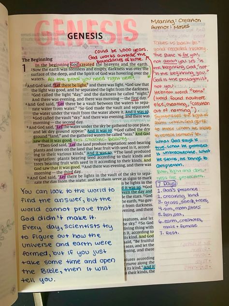 Bible Journaling How To Journal Bible, Bible Study Notes Kjv, Bible Study Aesthetic Genesis, First Time Bible Reading Plan, Genesis 1:3 Bible Journaling, Bible Notes On Genesis, Bible Notes For Genesis, Bible Study John Chapter 1, Bible Annotations Genesis